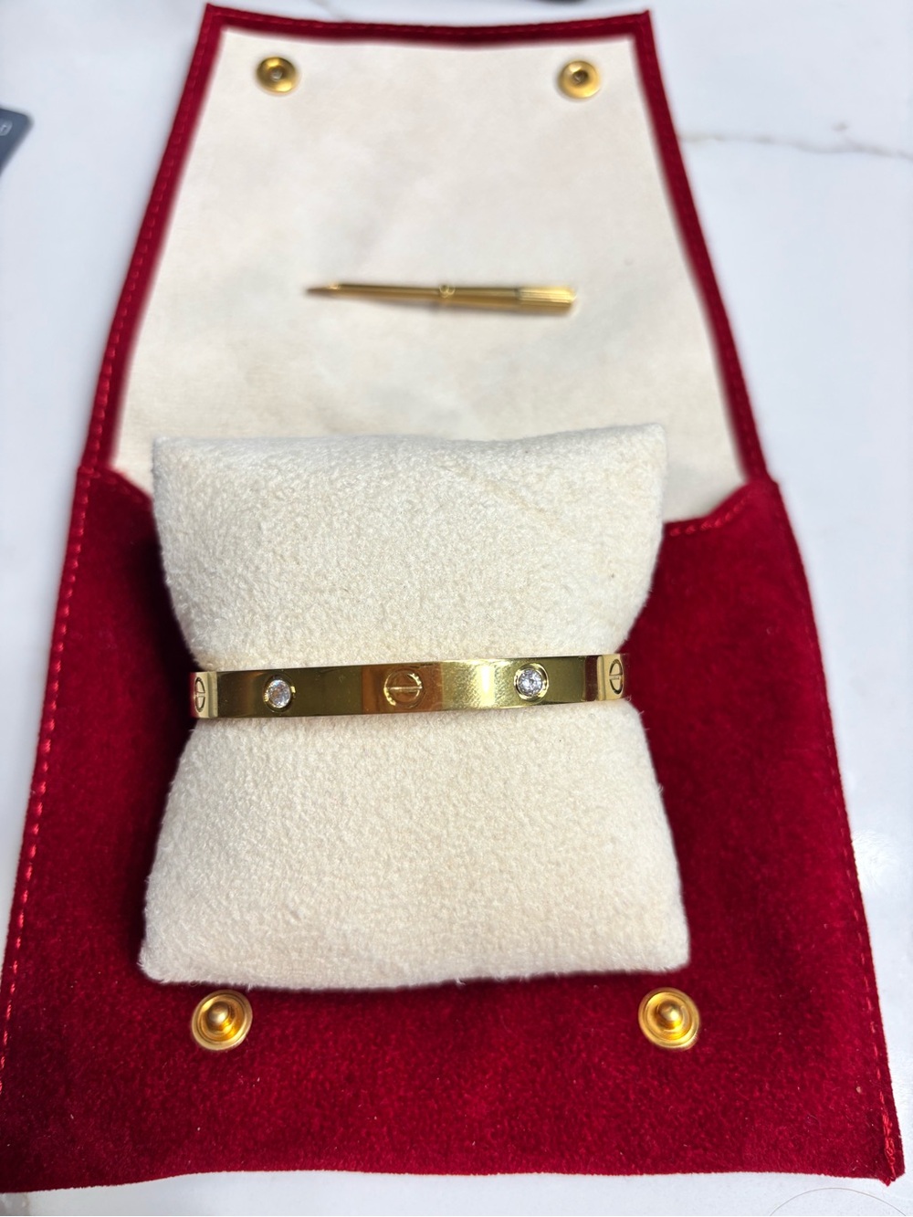Gold Women's Love Screw Motif Bangle with 4 Stones
